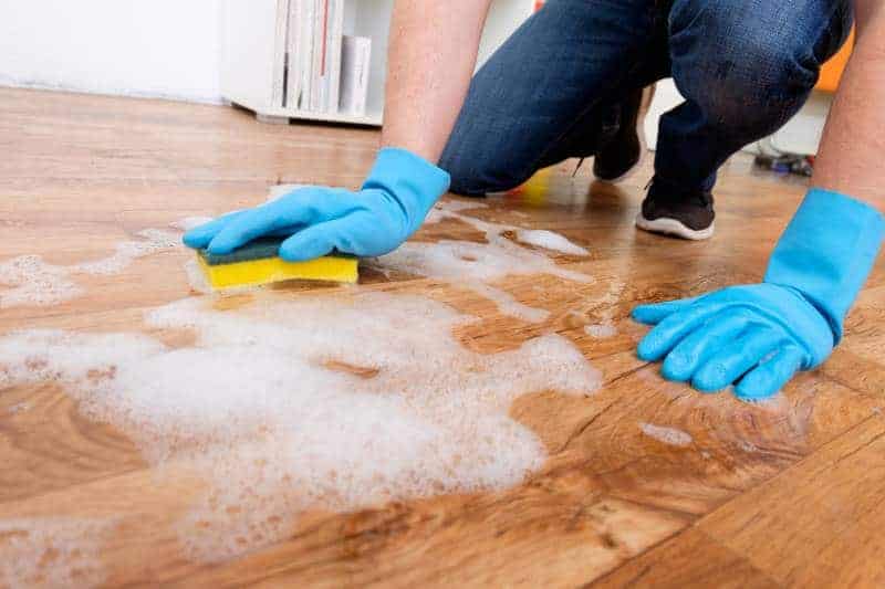 Clean vinyl floor with the sponge